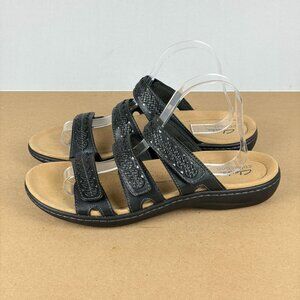 Clarks Laurieann Cove Three Strap Sandals Womens 10 Black Leather Hook and Loop